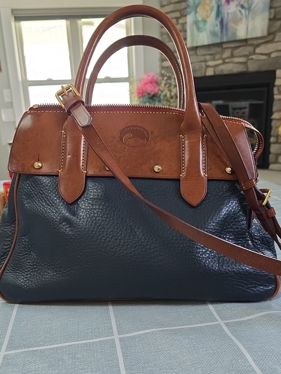 Dooney & Bourke Handbags - Dooney & Bourke Navy Pebbled Leather Satchel with Brown Trim